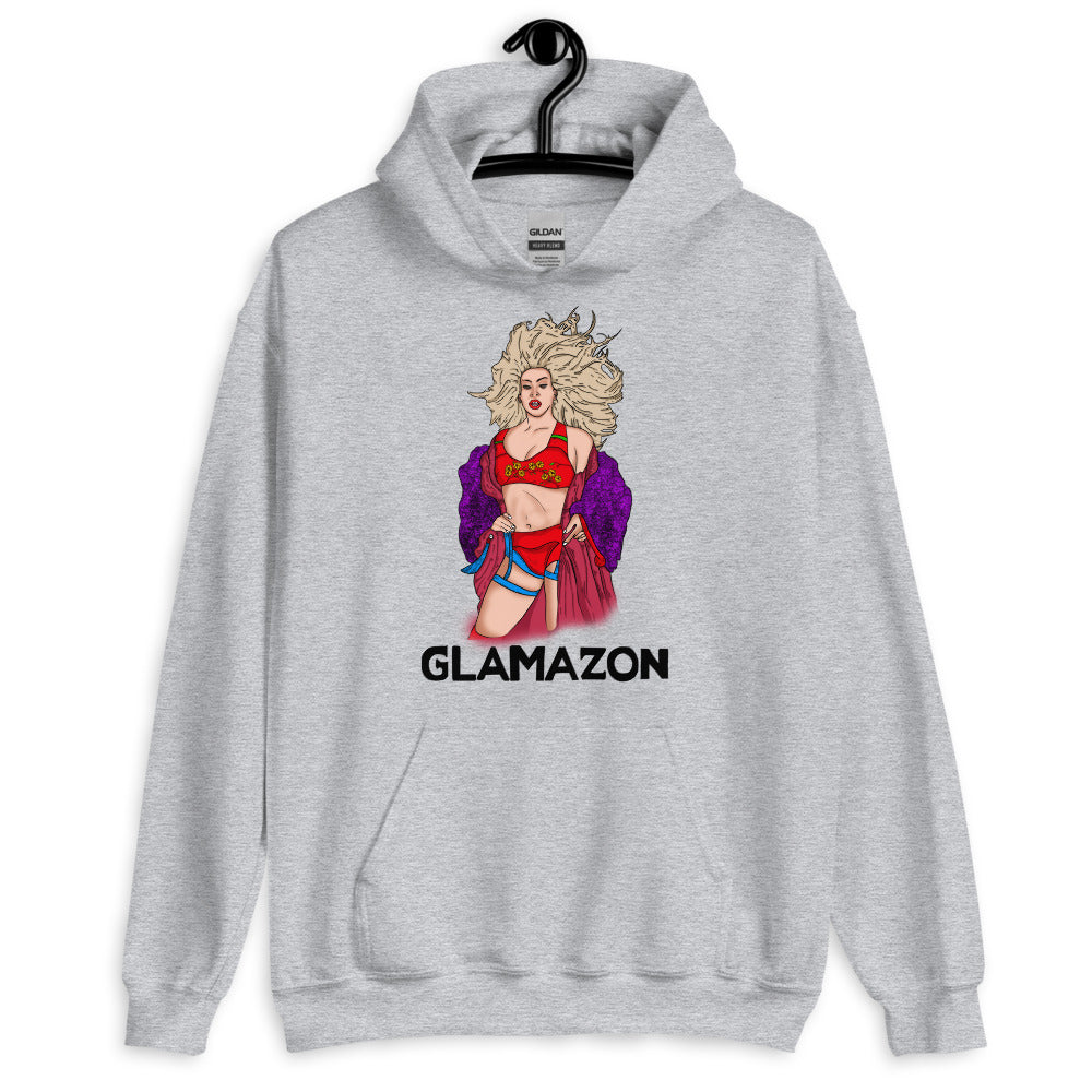 Front view of a gray hoodie with a colorful glamazon illustration and “GLAMAZON” text