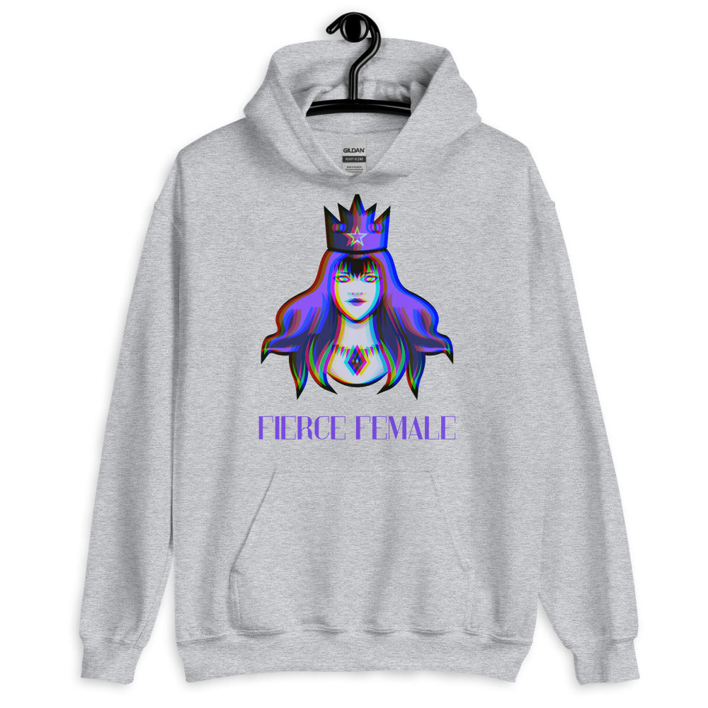 Front view of a gray hoodie with a colorful crowned woman graphic and “FIERCE FEMALE” text