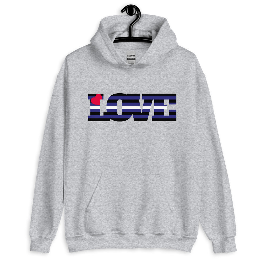 Front view of a gray hoodie with striped “LOVE” graphic and red heart