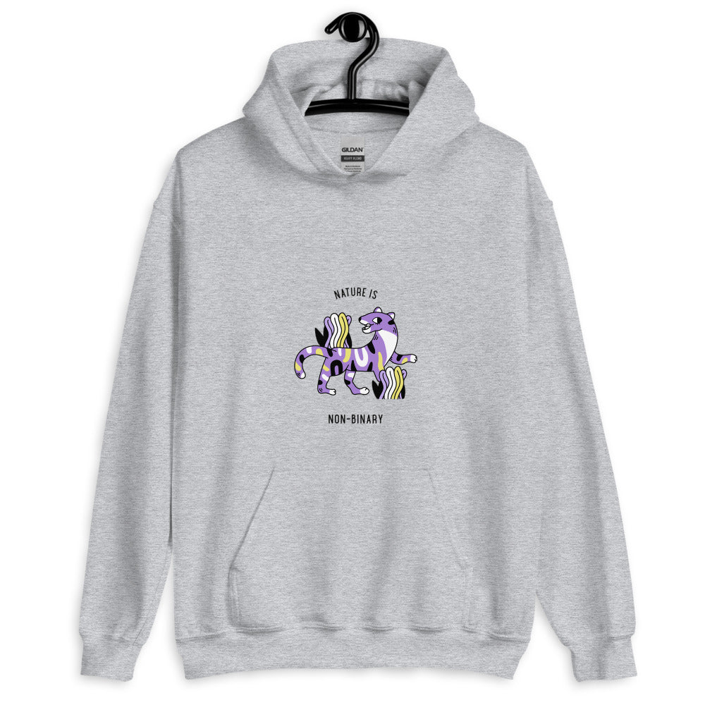 Front view of a gray hoodie with a colorful striped animal and “NATURE IS NON-BINARY” text