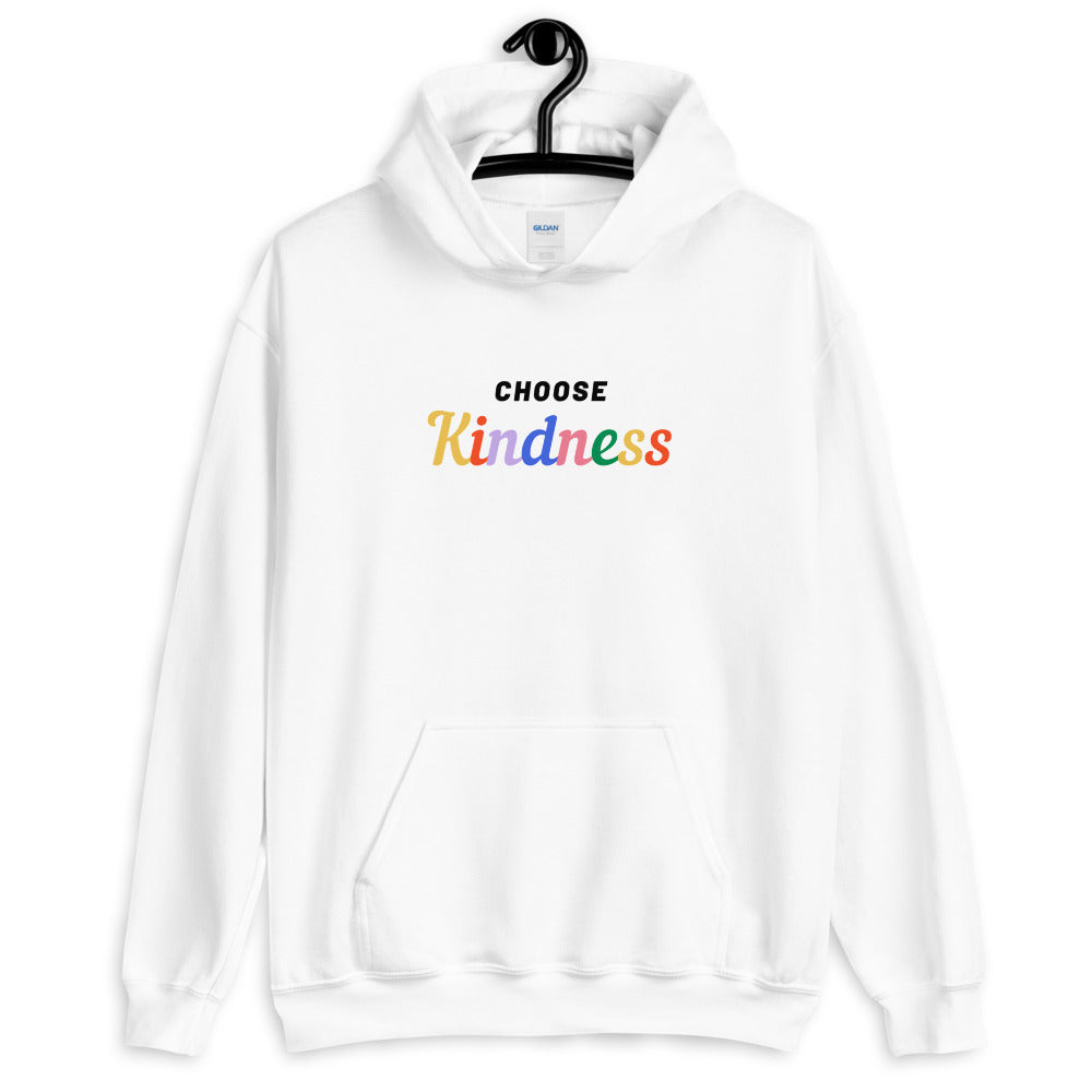 White hoodie on a hanger with colorful “CHOOSE Kindness” chest lettering and kangaroo pocket