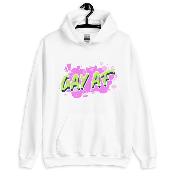 White hoodie on a hanger with colorful “GAY AF” lettering and a front kangaroo pocket