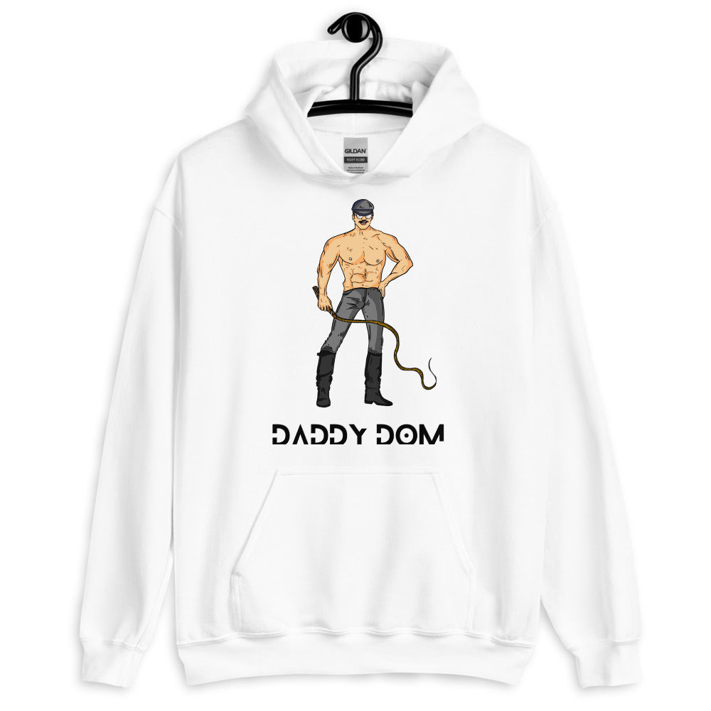 Front view of a white hoodie reading “DADDY DOM,” with a shirtless leather-clad man and whip graphic