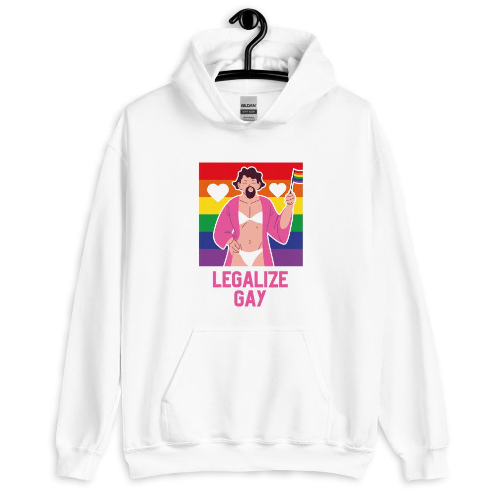White hoodie on a hanger with a rainbow graphic, hearts, and “LEGALIZE GAY” text