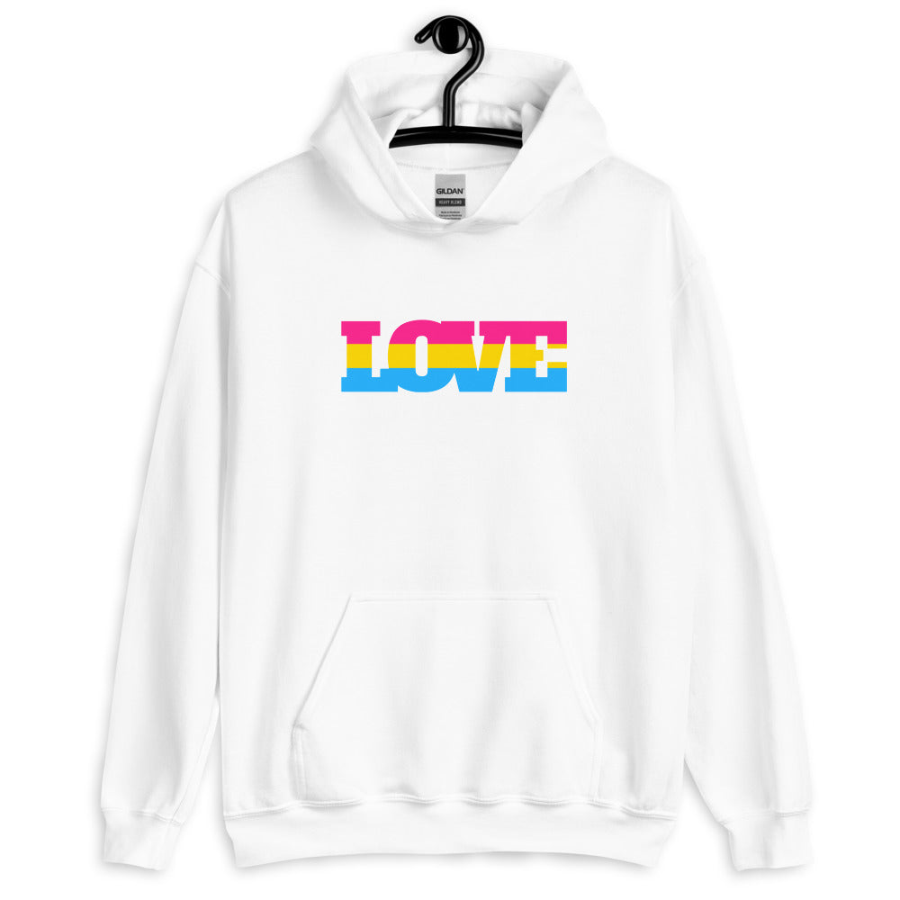 White pullover hoodie on a hanger with colorful LOVE lettering across the chest