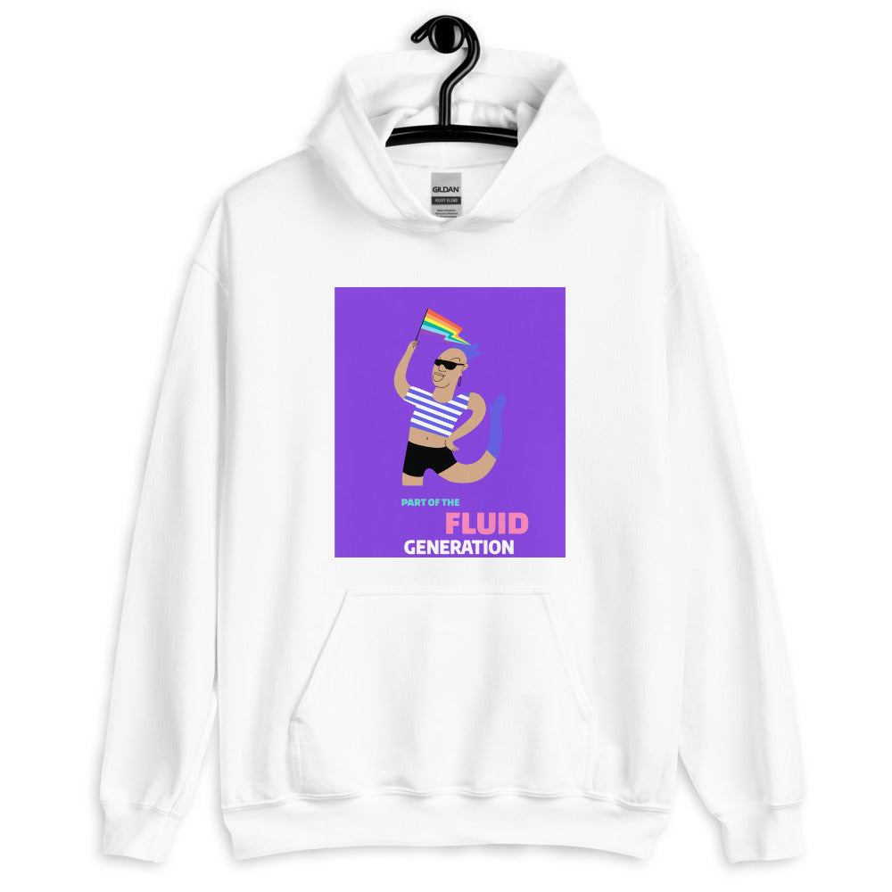 Front view of a white hoodie with a purple Fluid Generation graphic and rainbow flag