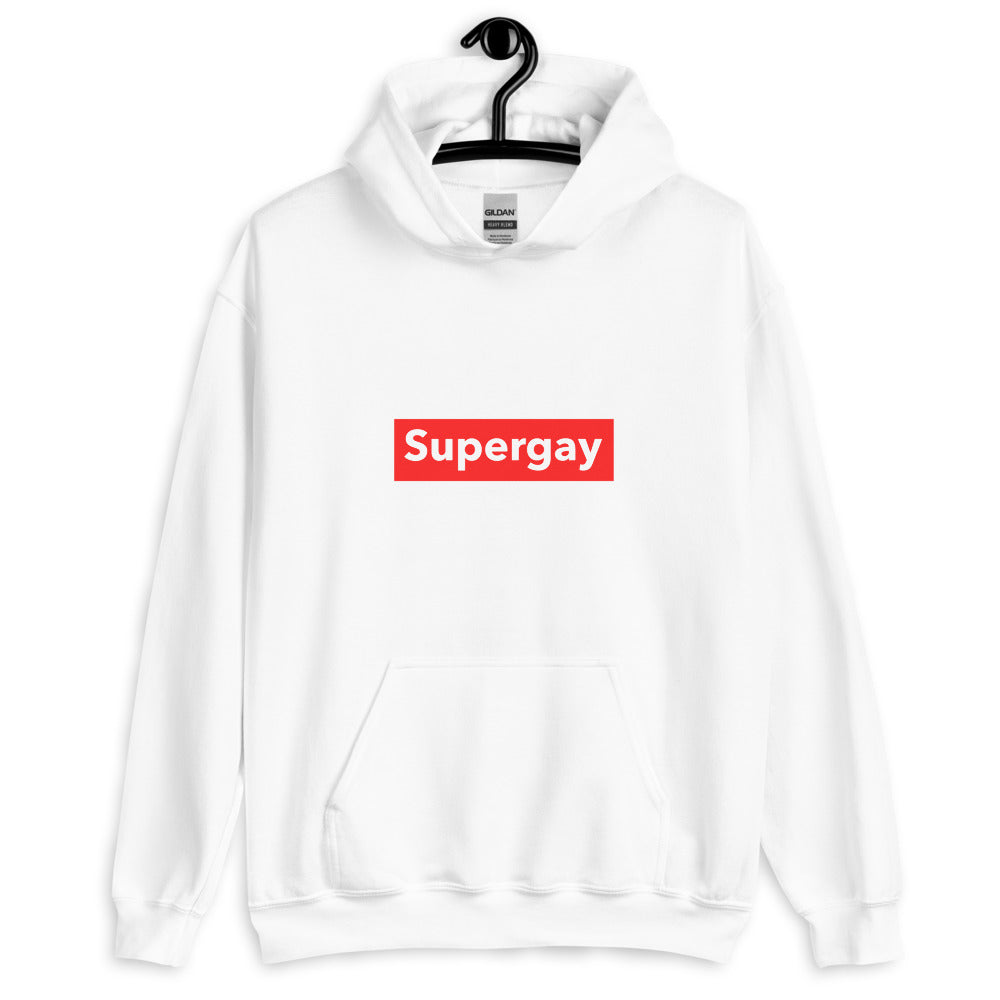Front view of a white hoodie with a red rectangle reading “Supergay”