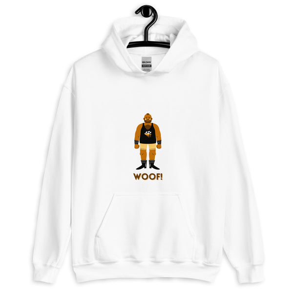 Front view of a white hoodie with a bear graphic and “WOOF!” text