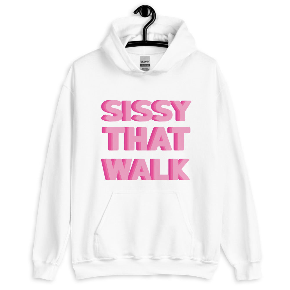 White pullover hoodie with pink “SISSY THAT WALK” lettering, shown front-facing on a hanger