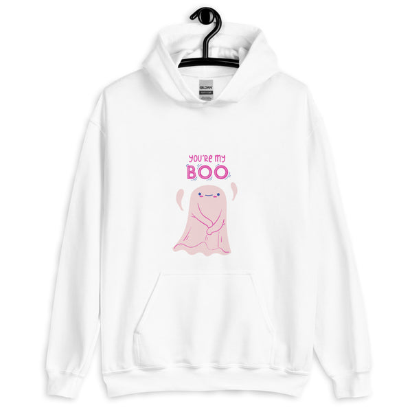 Front view of a white hoodie reading “YOU’RE MY BOO” above a pink ghost graphic