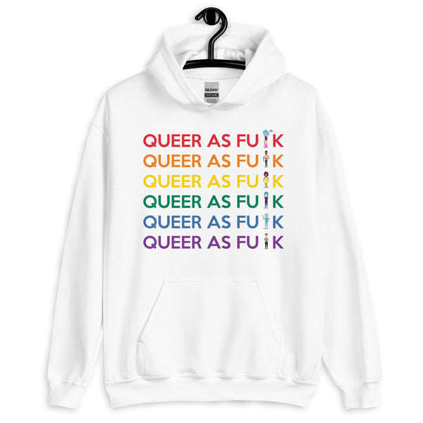Front view of a white hoodie reading “QUEER AS FU█K” in six rainbow-colored lines