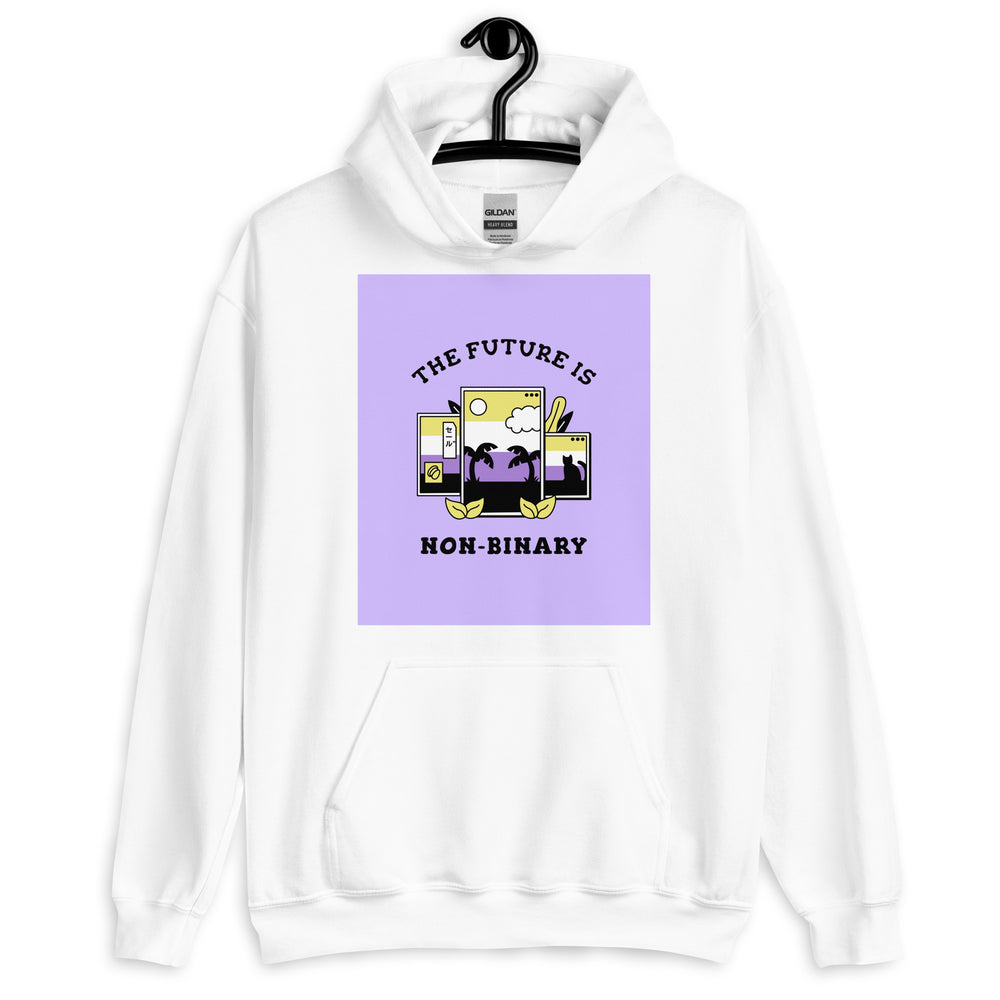 White pullover hoodie with a lavender graphic reading “THE FUTURE IS NON-BINARY”