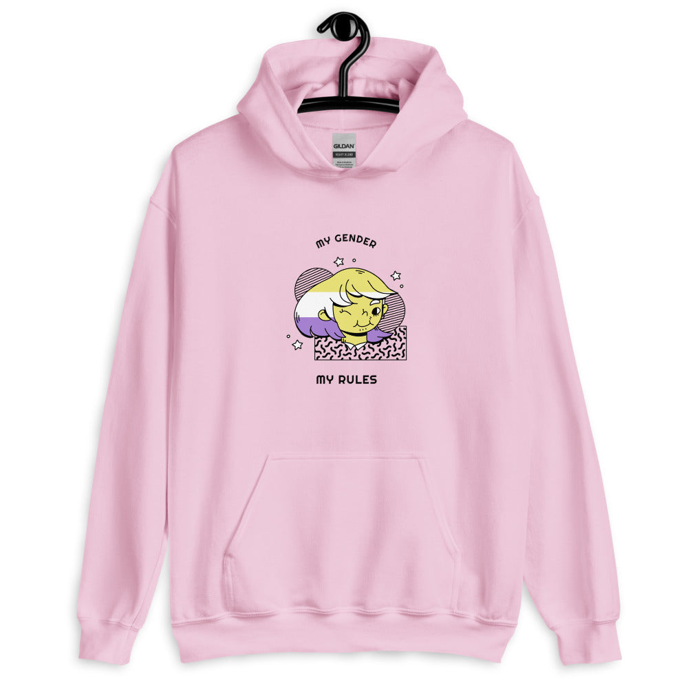 Front-facing pink pullover hoodie with “MY GENDER MY RULES” graphic and cartoon figure
