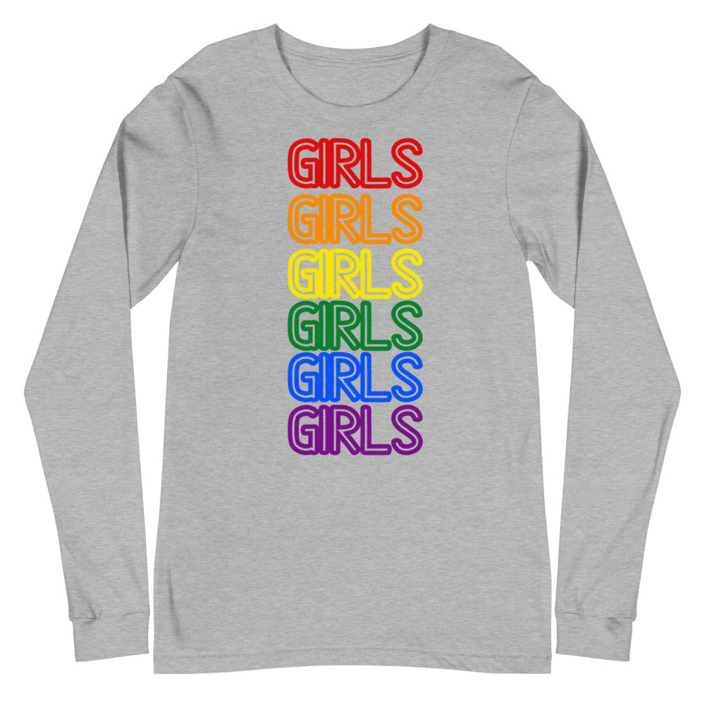 Gray long-sleeve T-shirt with six stacked rainbow-colored “GIRLS” prints