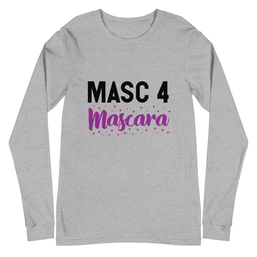 Gray long-sleeve shirt with black “MASC 4” and purple “Mascara” starry text
