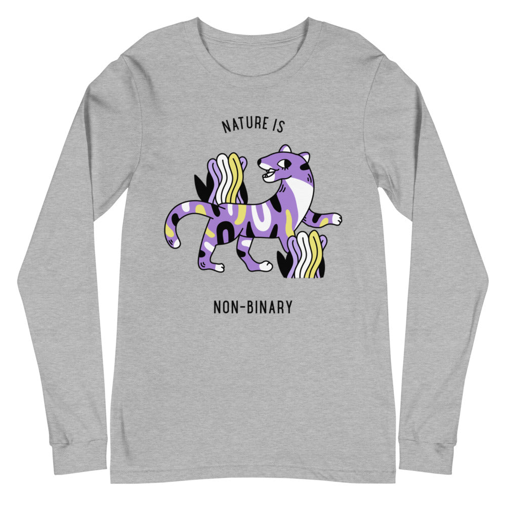 Gray long-sleeve shirt with a colorful non-binary fantasy animal graphic and “NATURE IS NON-BINARY” text