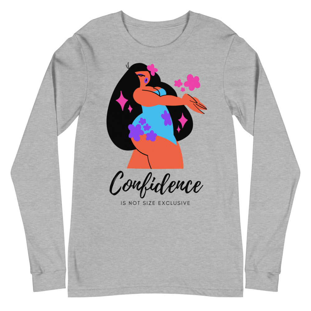 Flat-lay gray long-sleeve shirt with colorful woman illustration and “Confidence” text