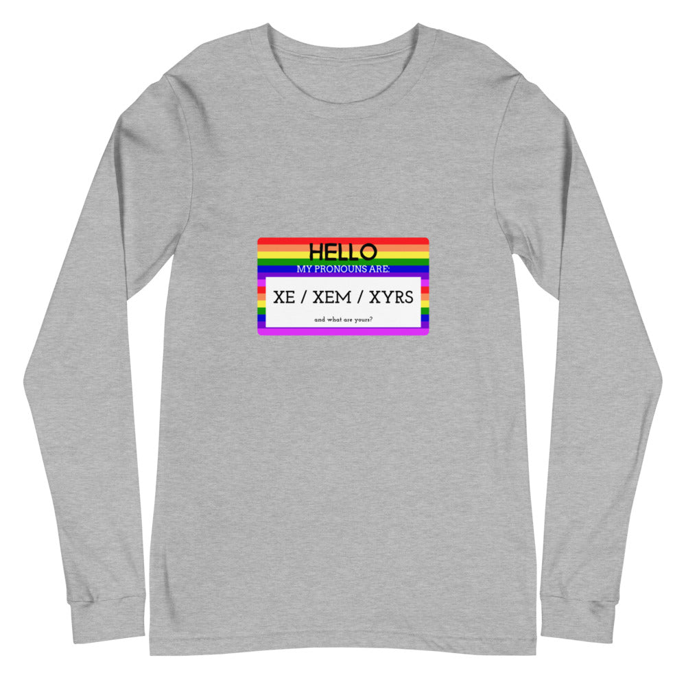 Athletic Heather Hello My Pronouns Are Xe / Xem / Xyrs Unisex Long Sleeve T-Shirt by Queer In The World Originals sold by Queer In The World: The Shop - LGBT Merch Fashion