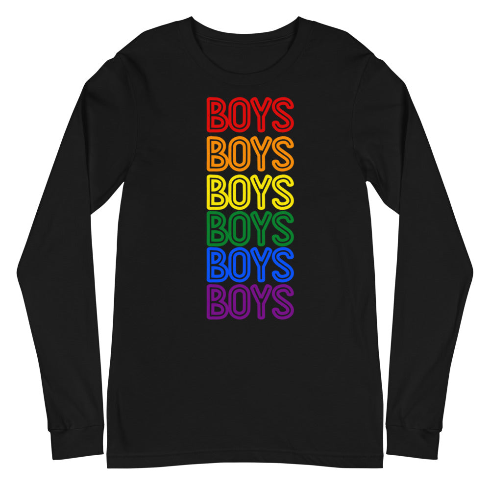 Black long-sleeve T-shirt with stacked rainbow-colored “BOYS” lettering
