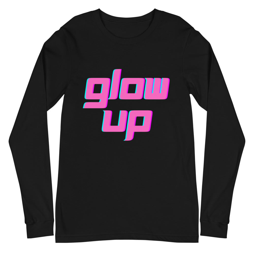 Black long-sleeve T-shirt with neon pink and cyan “glow up” chest lettering