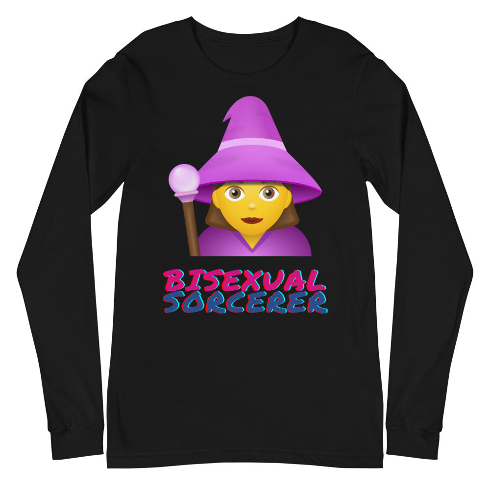 Black long-sleeve shirt with a purple sorcerer graphic and “BISEXUAL SORCERER” text