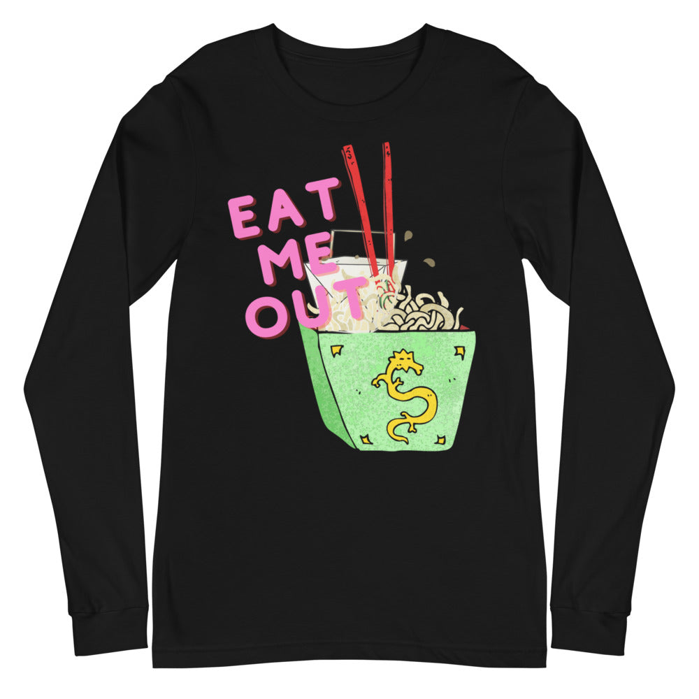 Black long-sleeve shirt with pink “EAT ME OUT” text and a noodle bowl graphic