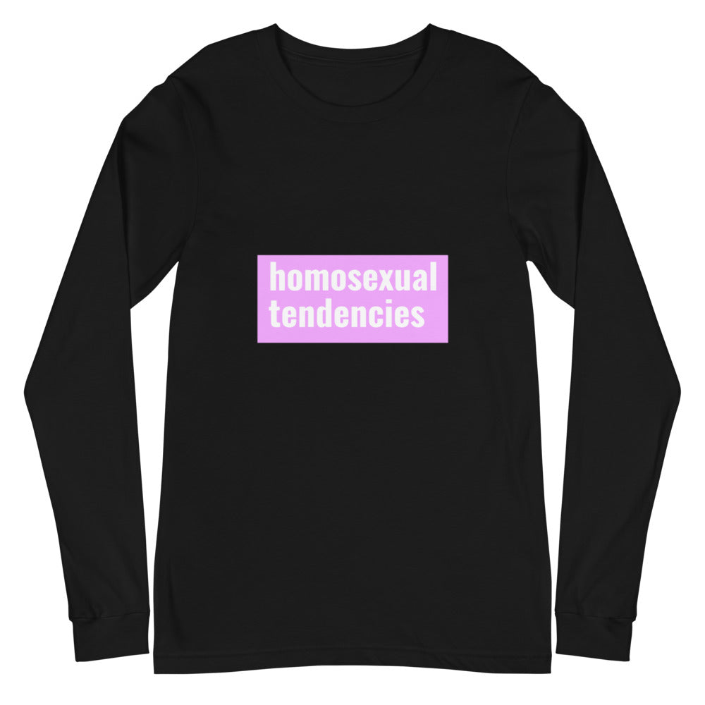 Front view of a black long-sleeve shirt with pink “homosexual tendencies” text