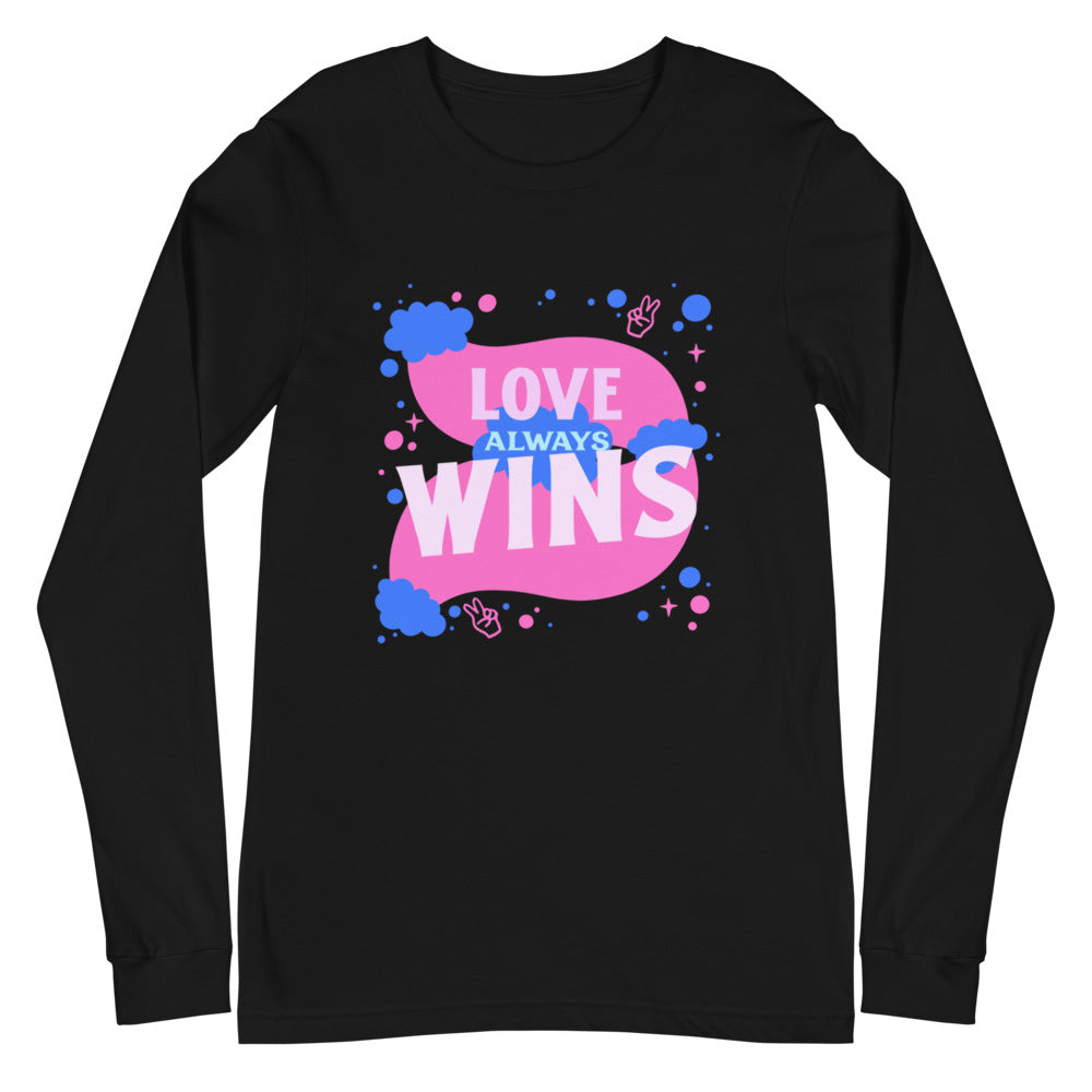 Front view of a black long-sleeve shirt reading “LOVE ALWAYS WINS” in pink and blue
