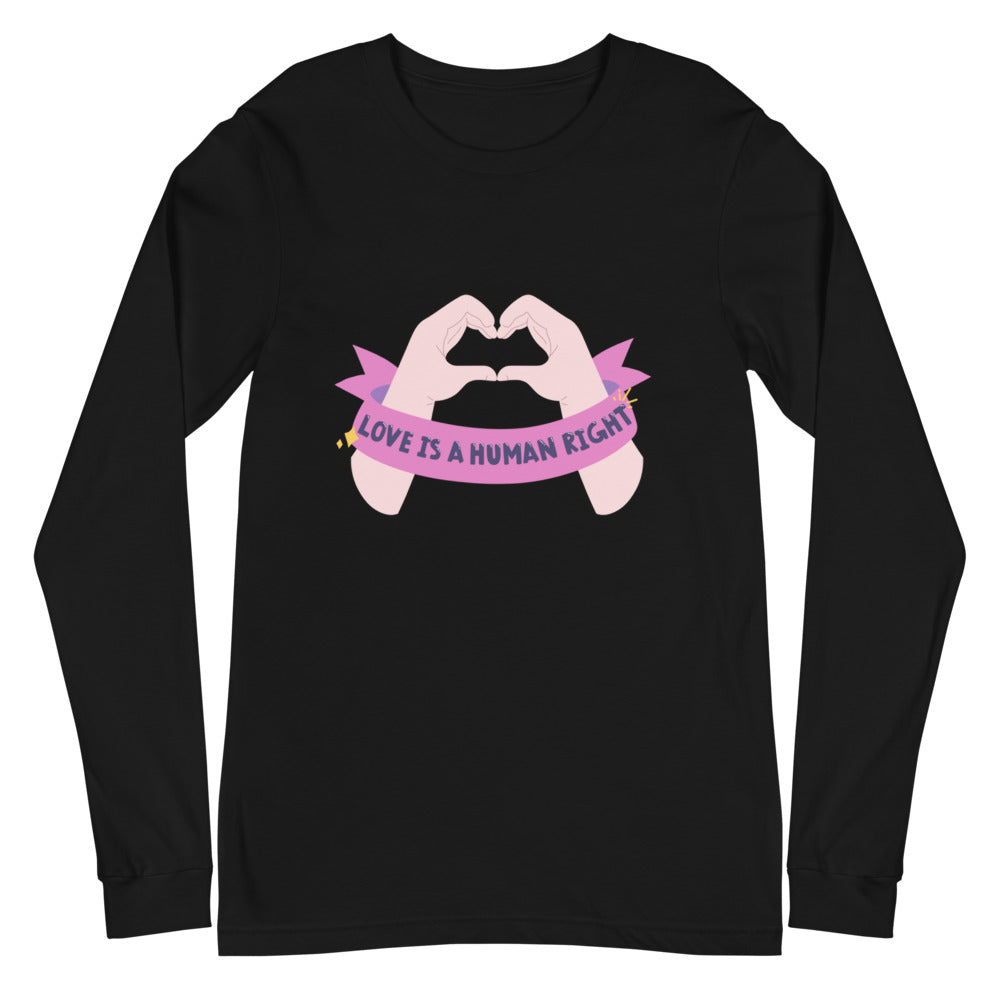 Black long-sleeve shirt with pink hands forming a heart and “LOVE IS A HUMAN RIGHT” text