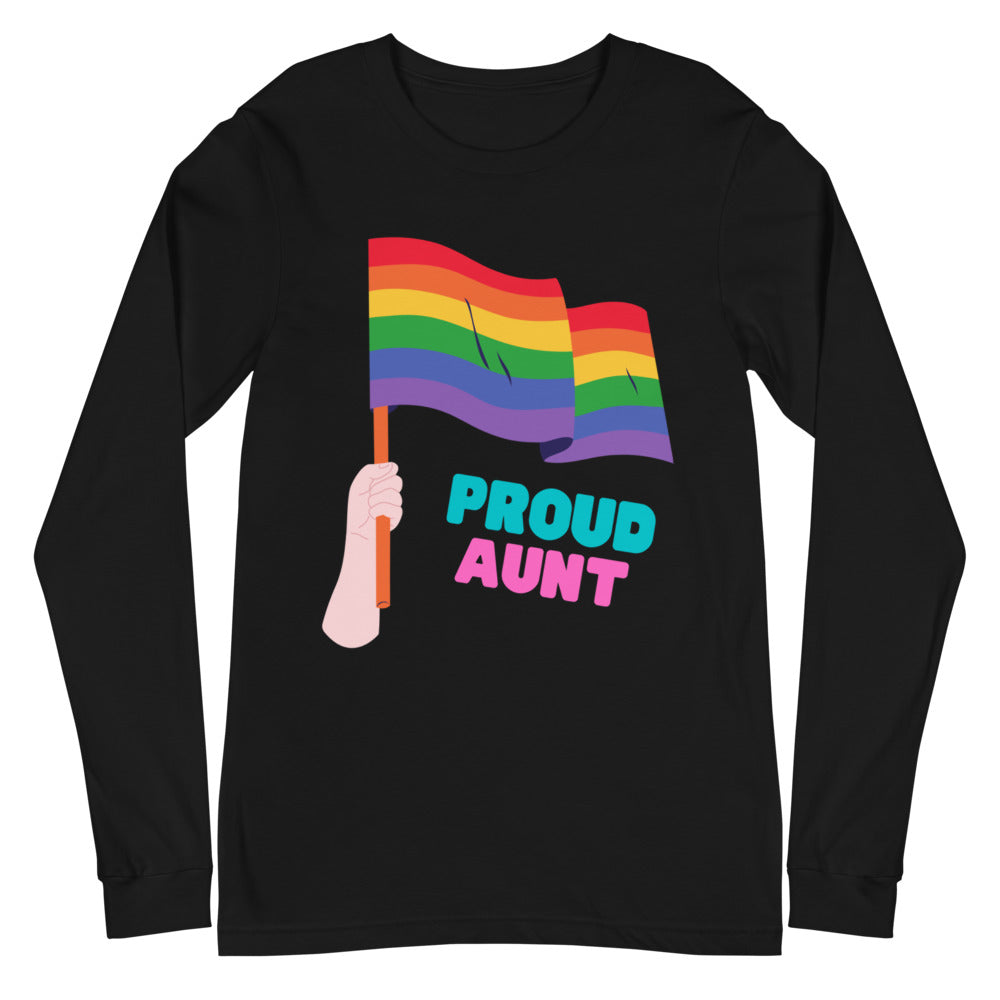 Front view of a black long-sleeve shirt with rainbow flags and “PROUD AUNT” text