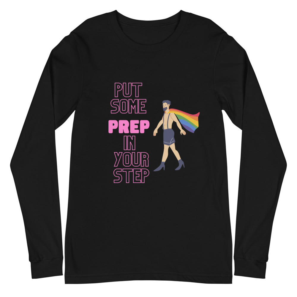 Black long-sleeve shirt with pink “PUT SOME PREP IN YOUR STEP” text and caped figure
