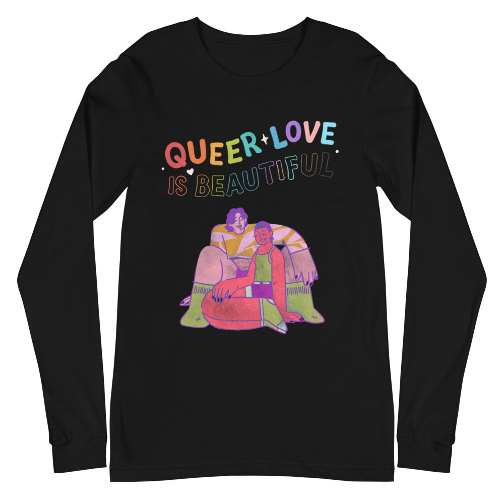 Black long-sleeve shirt with colorful “QUEER LOVE IS BEAUTIFUL” graphic and two people