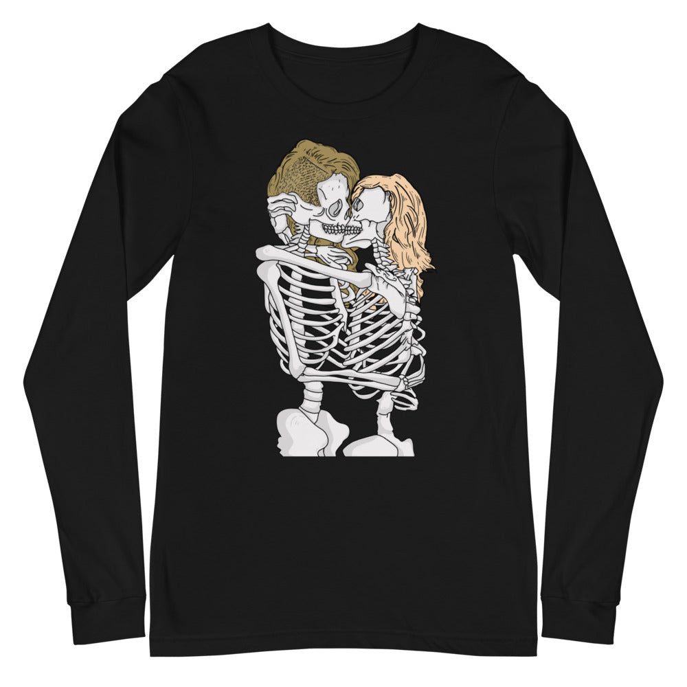 Black long-sleeve shirt featuring two skeletons kissing in an embrace