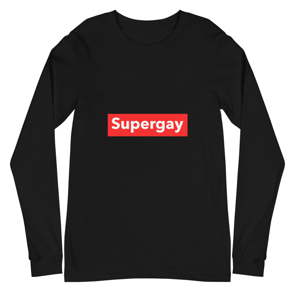 Front view of a black long-sleeve shirt with “Supergay” in white on a red rectangle