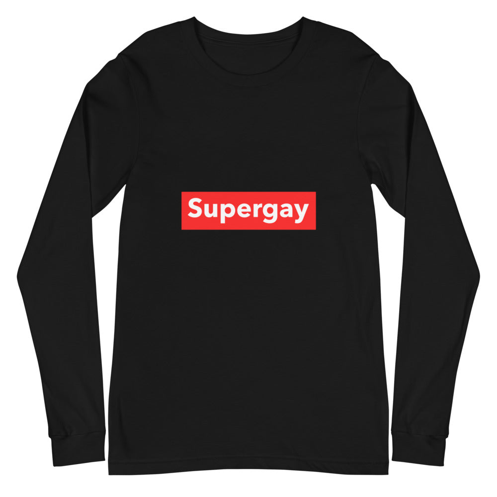 Black Supergay Unisex Long Sleeve T-Shirt by Printful sold by Queer In The World: The Shop - LGBT Merch Fashion