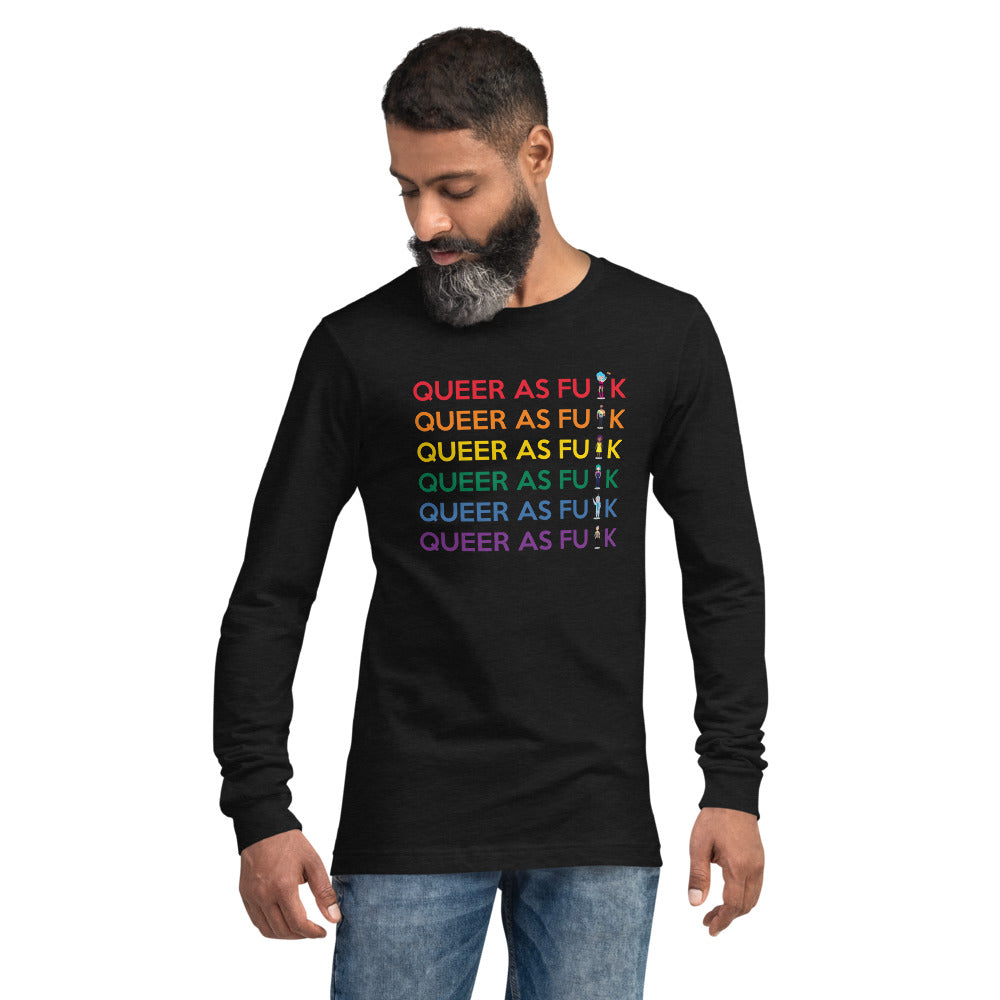 Black Heather Queer As Fu#k Unisex Long Sleeve T-Shirt by Queer In The World Originals sold by Queer In The World: The Shop - LGBT Merch Fashion