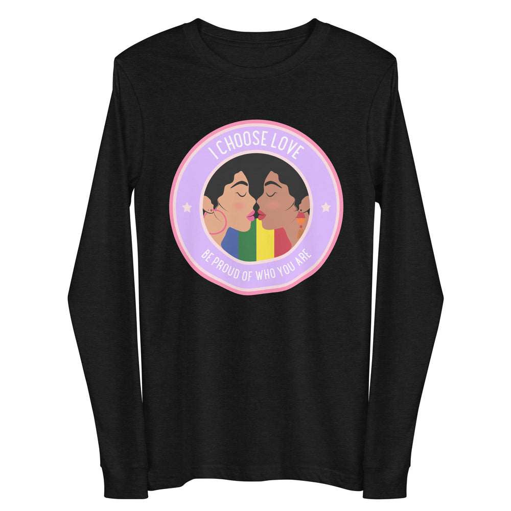 Front view of a black long-sleeve shirt with a pink and lavender kissing-couple graphic