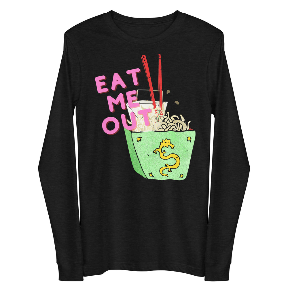 Front view of a black long-sleeve shirt reading “EAT ME OUT” above a bowl of noodles