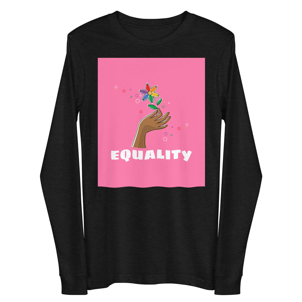 Front view of a black long-sleeve shirt with a pink Equality flower-and-hand graphic