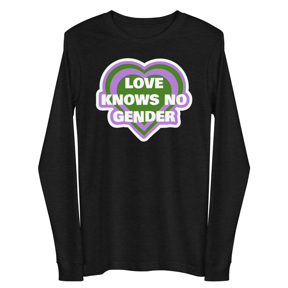 Front view of a black long-sleeve shirt with a purple and green heart reading “LOVE KNOWS NO GENDER.”