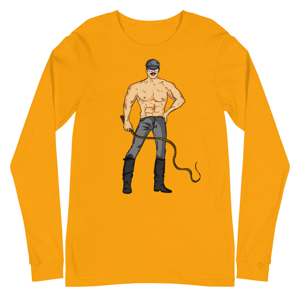 Front view of an orange long-sleeve shirt with a shirtless leather-clad man holding a whip