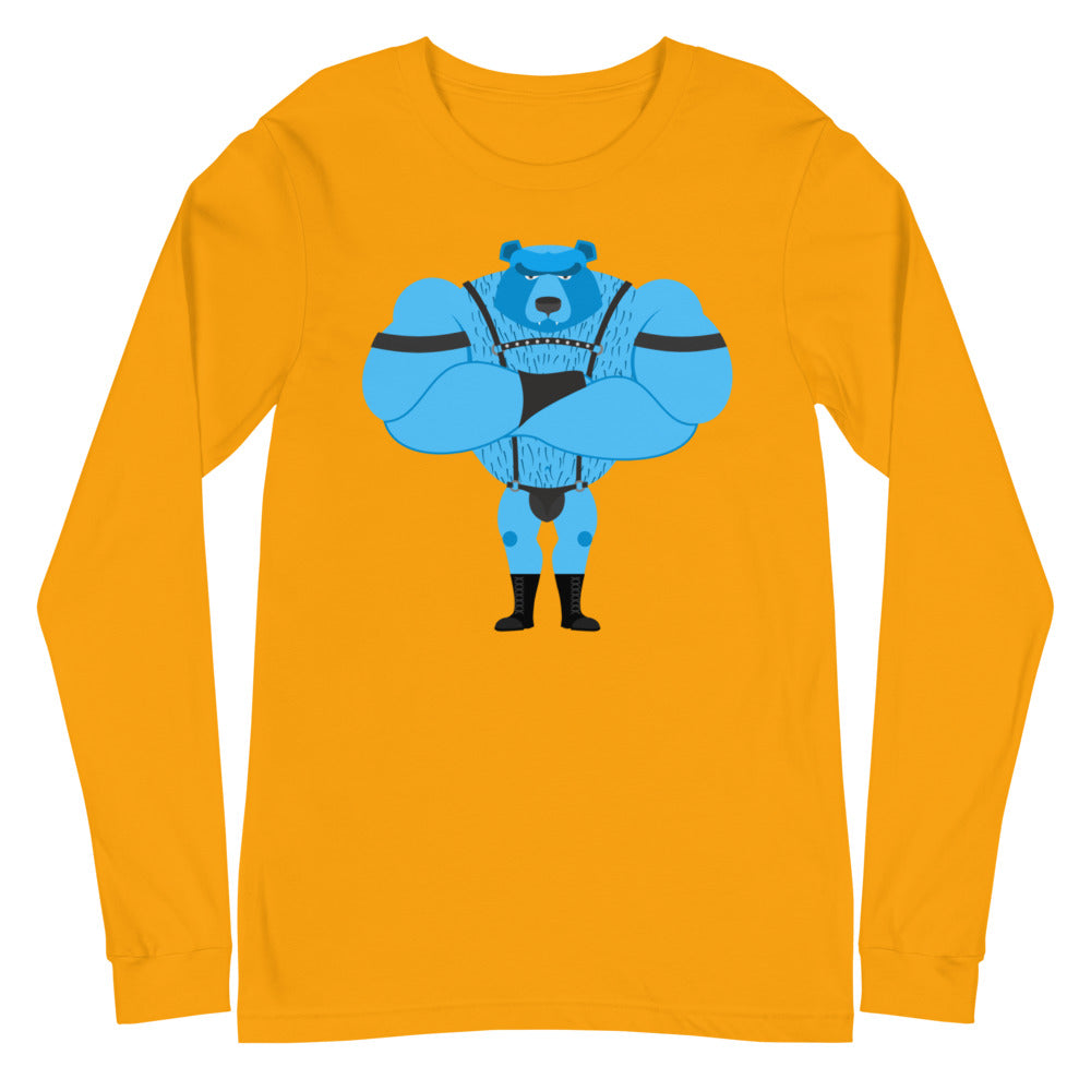 Fetish Gay Bear Unisex Long Sleeve T-Shirt worn by a smiling bearded man on a red velvet sofa in a gold-accented, candle-lit room.