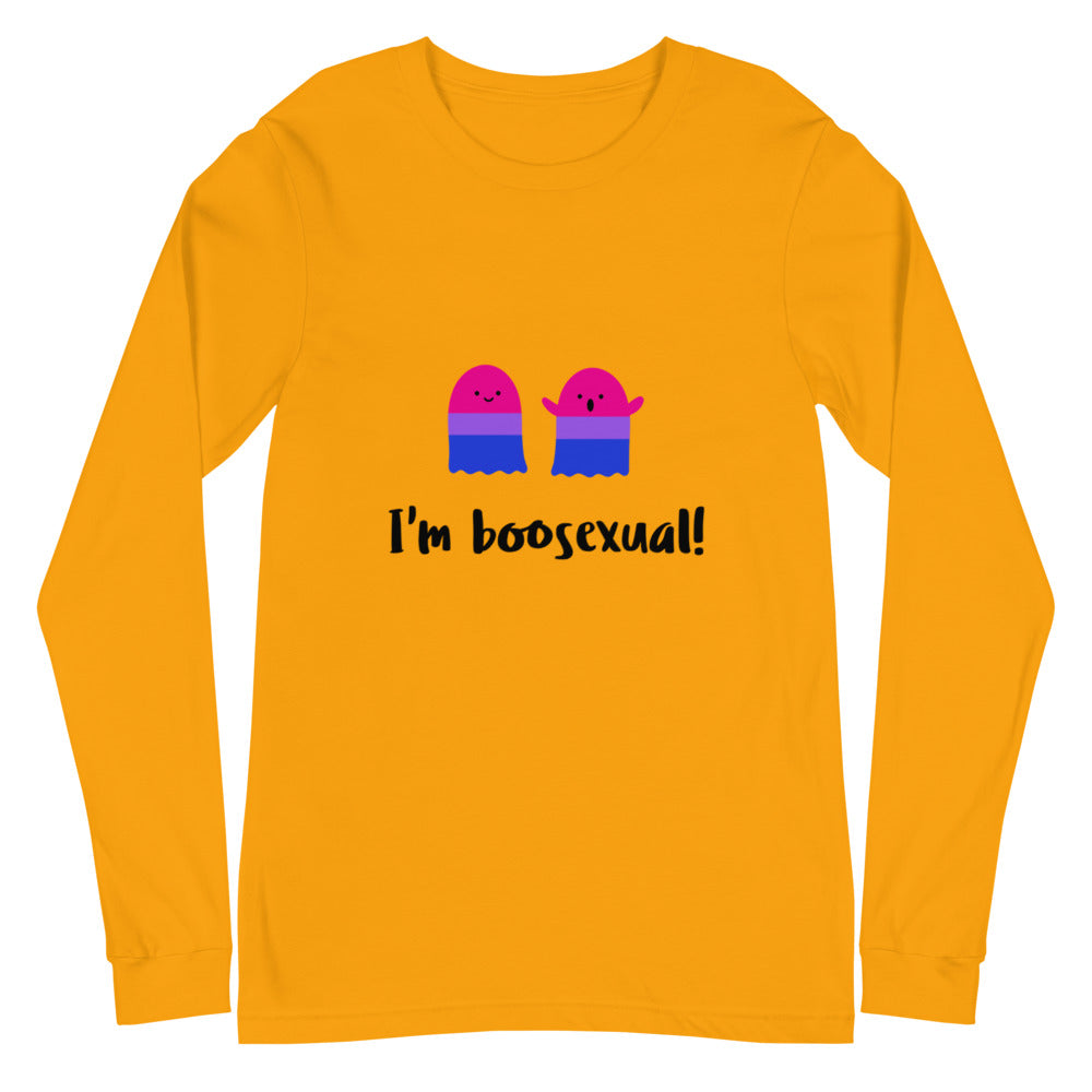 Front view of a mustard-yellow long-sleeve shirt reading “I’m boosexual!”