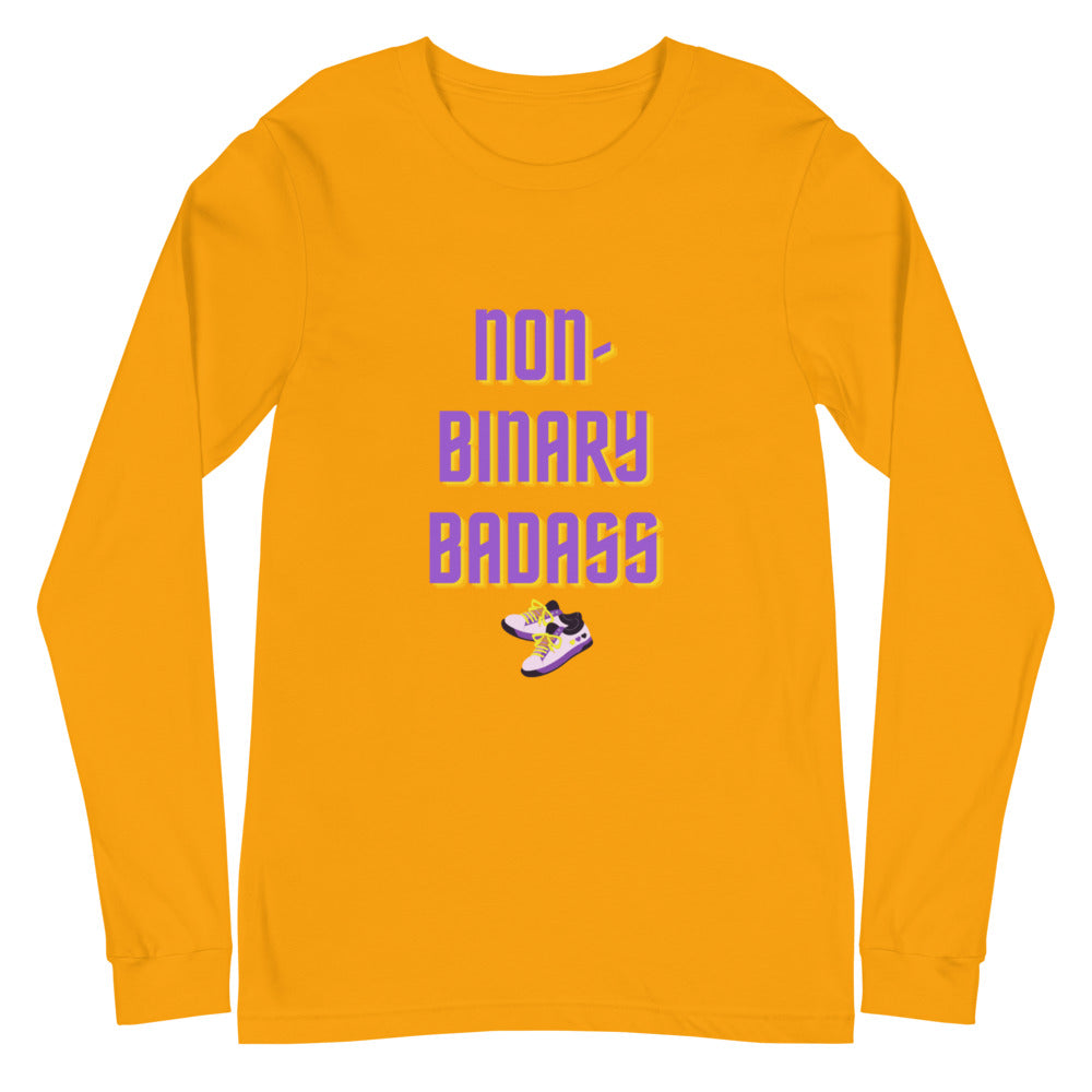 Front view of a gold long-sleeve shirt reading “NON-BINARY BADASS” with sneaker graphics