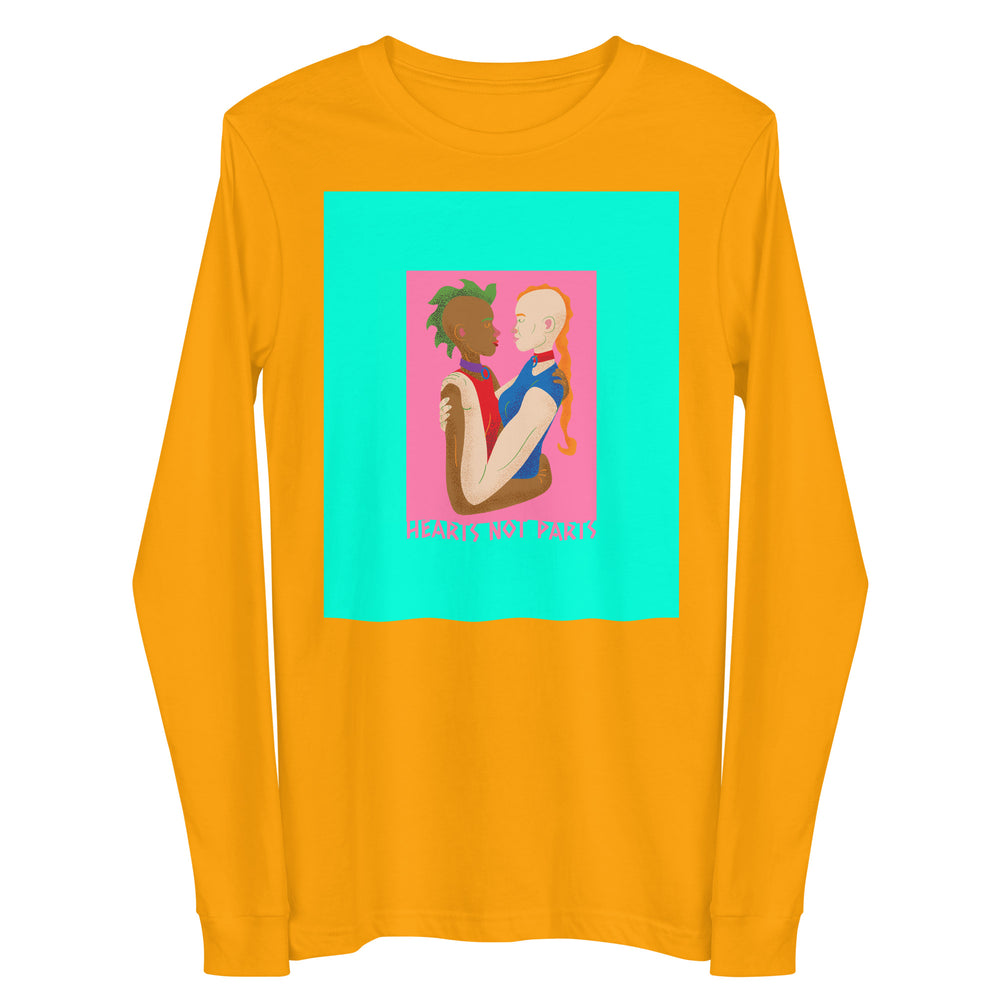 Front view of a gold long-sleeve shirt with two people embracing and “HEARTS NOT PARTS” text