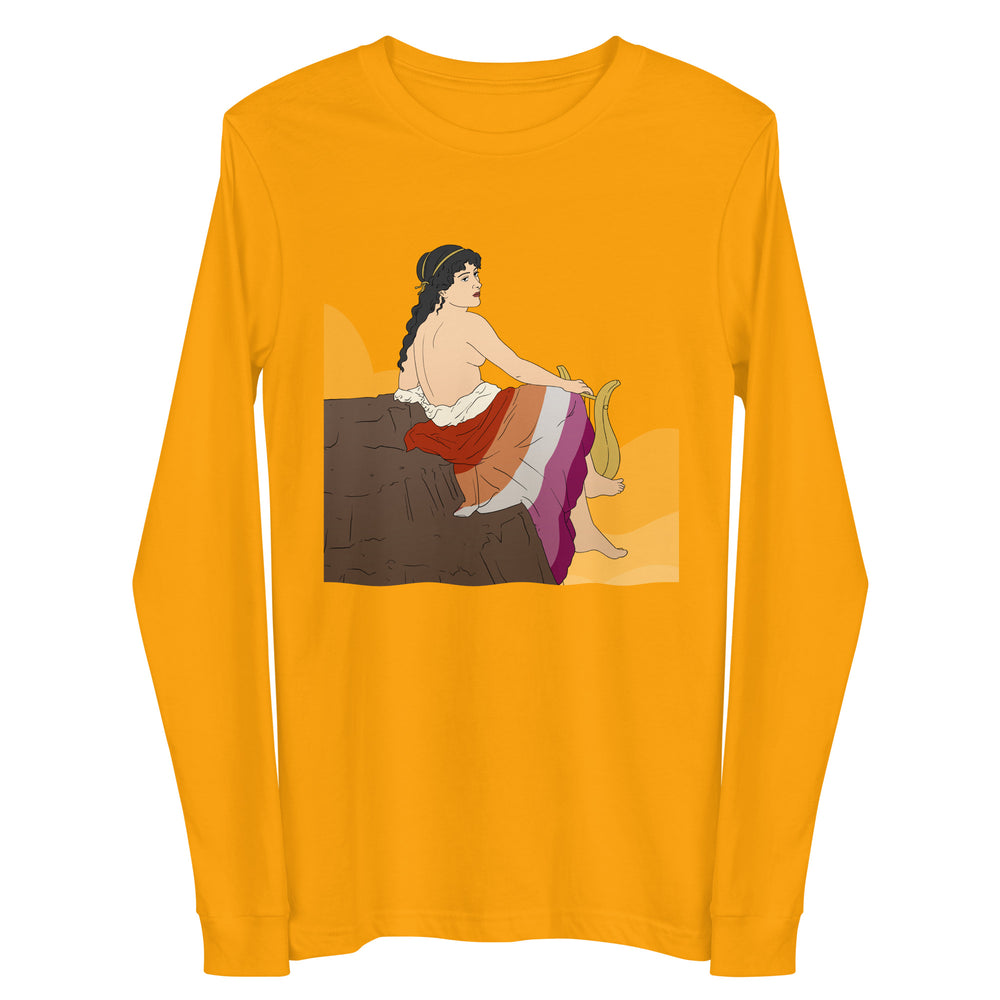 Front view of a gold long-sleeve shirt with an illustration of a seated nude woman in a rainbow-striped skirt
