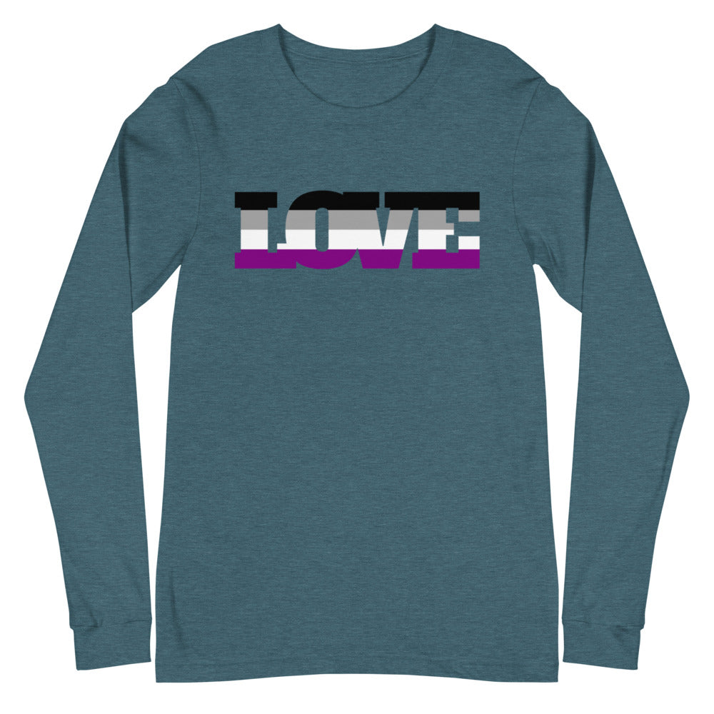 Front view of a heather teal long-sleeve shirt with “LOVE” in black, white, and purple