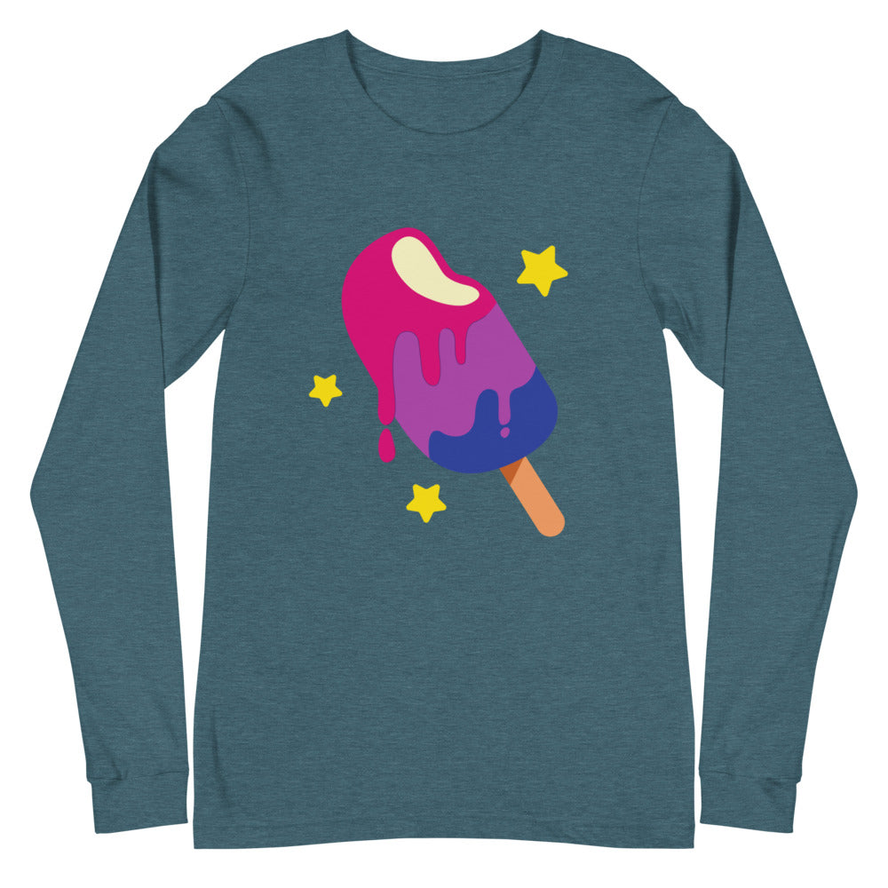 Heather teal long-sleeve shirt with a colorful melting popsicle and yellow stars