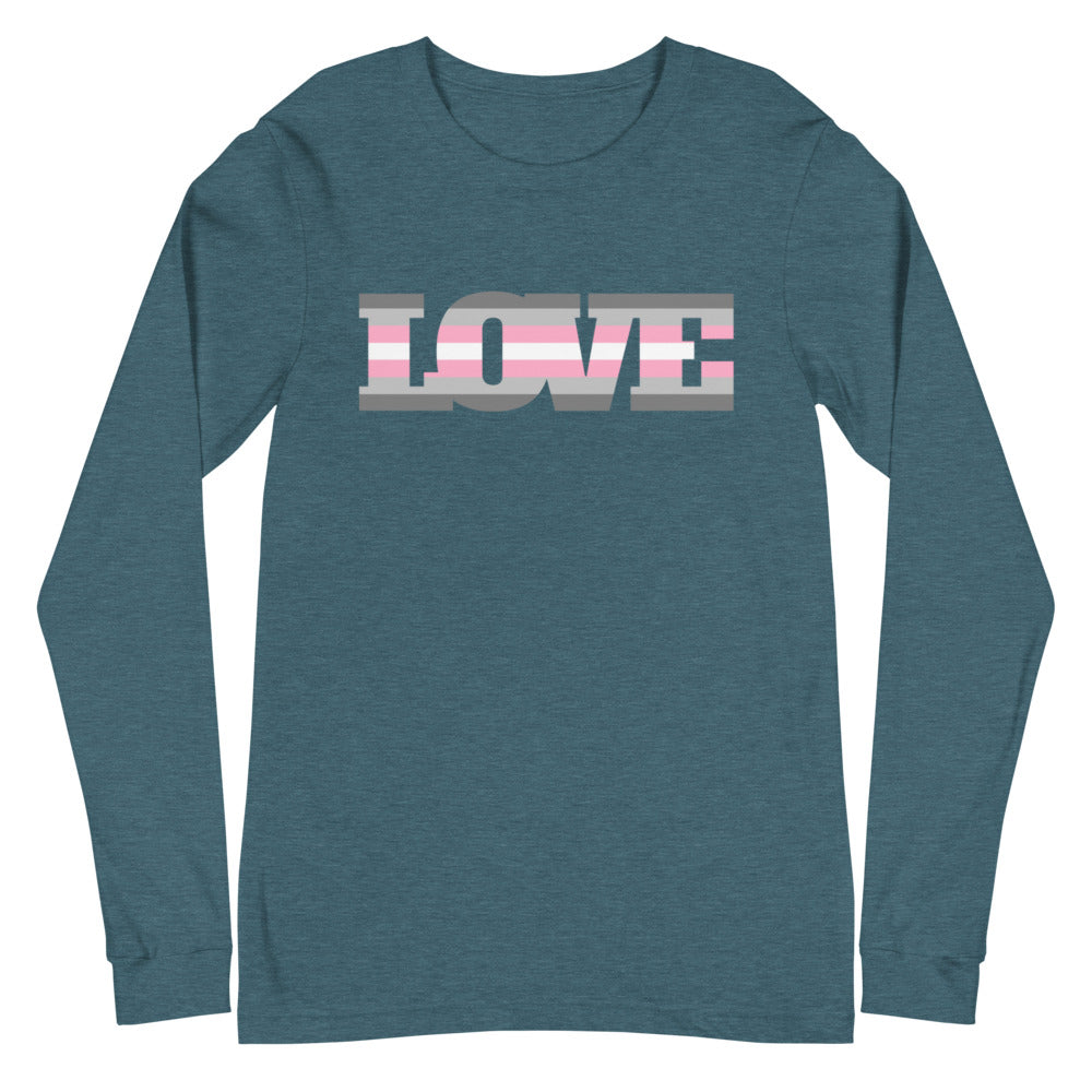 Flat-lay deep teal long-sleeve shirt with “LOVE” in gray and pink stripes