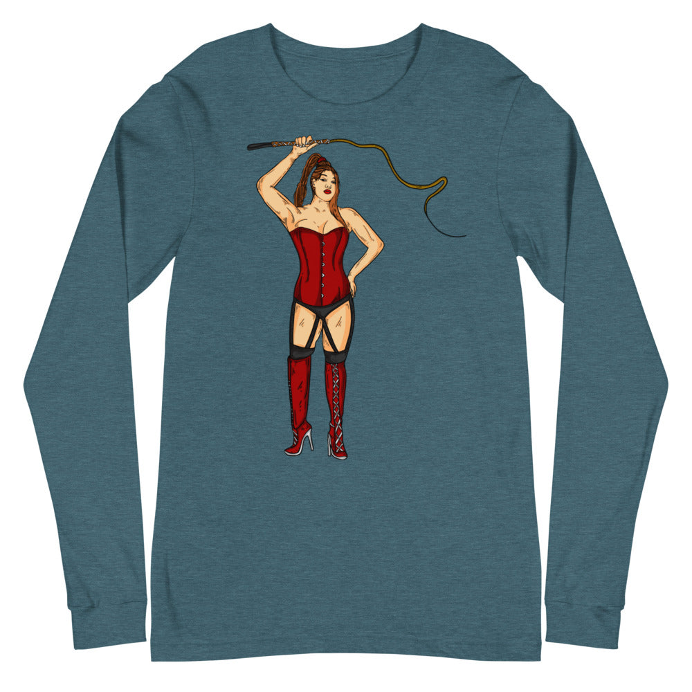 Heather teal long-sleeve shirt with a pin-up dominatrix holding a riding crop